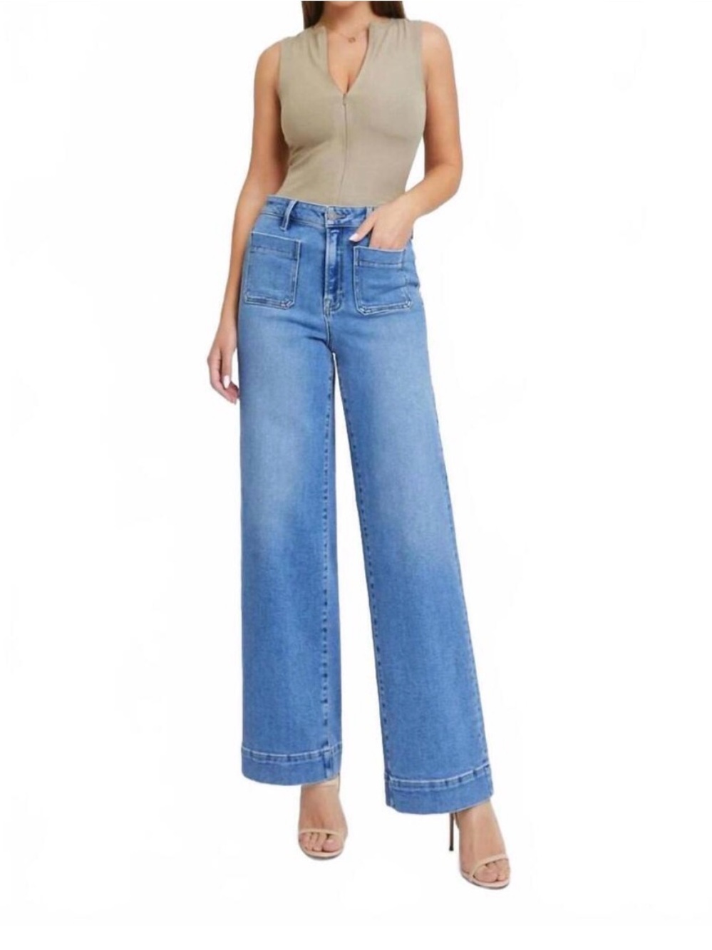 Hidden Jeans Women's Light Blue High-Rise Wide-Leg Jeans with Patch Pockets